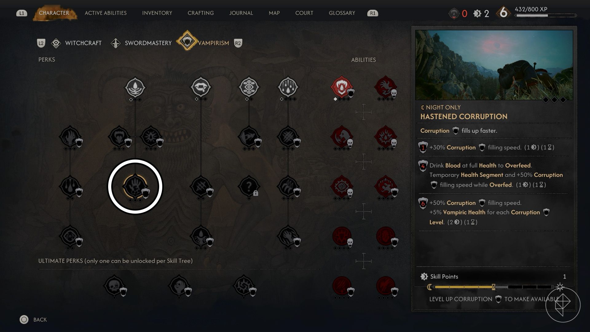 The Hastened Corruption skill circled in the Vampirism skill tree in The Blood of Dawnwalker.