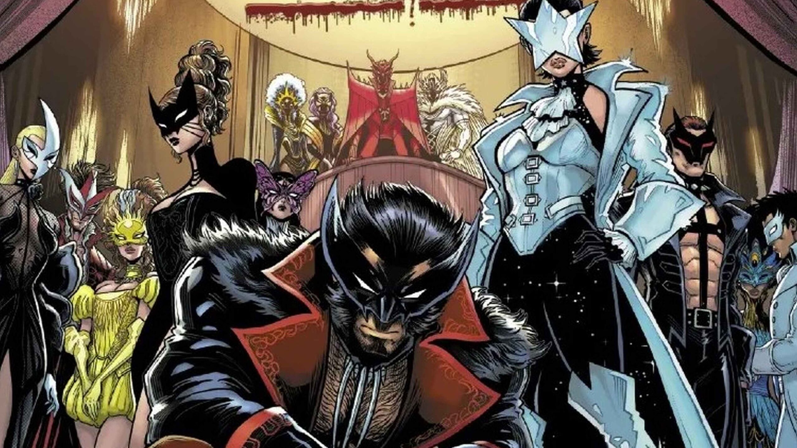 Cover art for X-Men: The Hellfire Murder showing Wolverine and other mutants in gala outfits