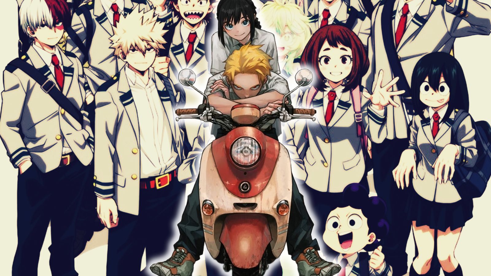 A graphic showing the protagonists of Kohei Horikoshi's new horror manga shijima san over an image of class 1A fromMy Hero Academia