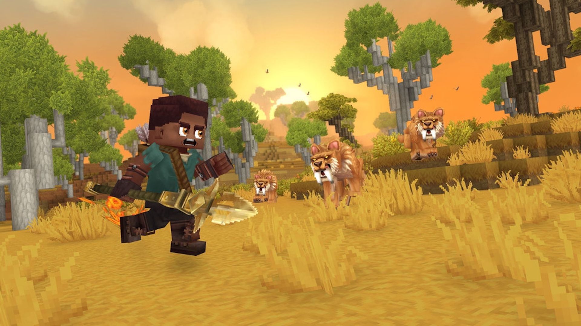 A Hytale character attacking animals