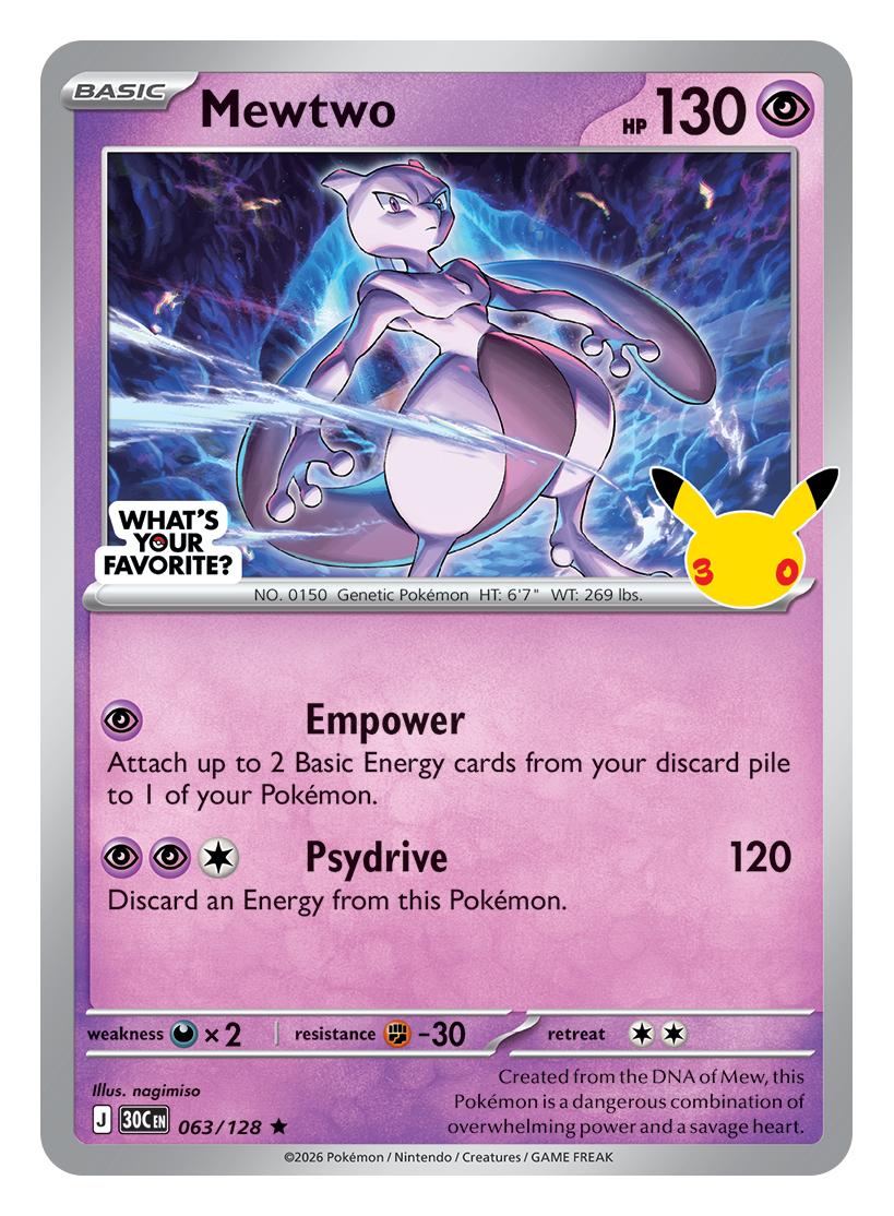 The special Mewtwo promo card being released on October 2, as a part of the TCG's 30th anniversary celebration.