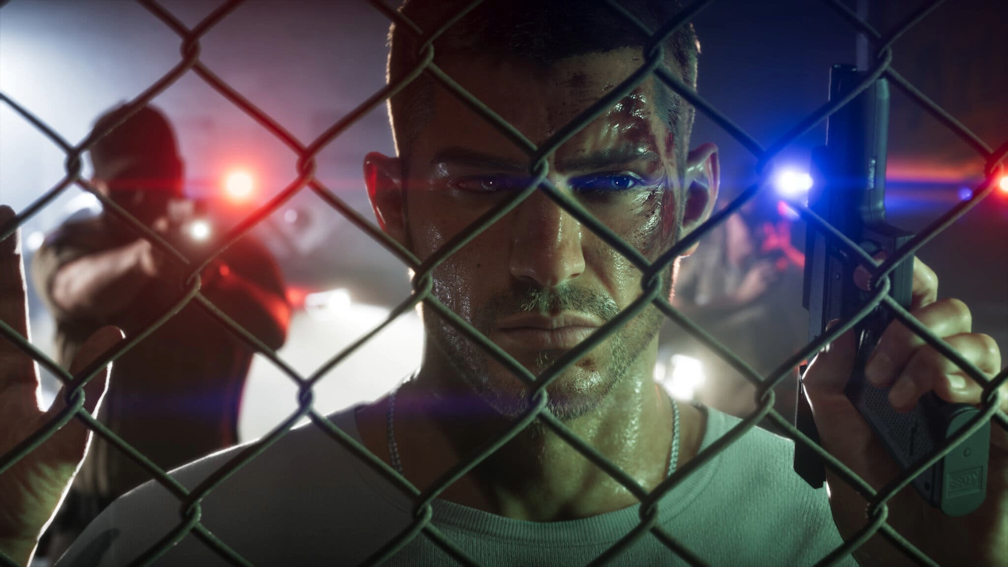 Jason, GTA 6's co-protagonist, faces a fence as cops aim guns at him.