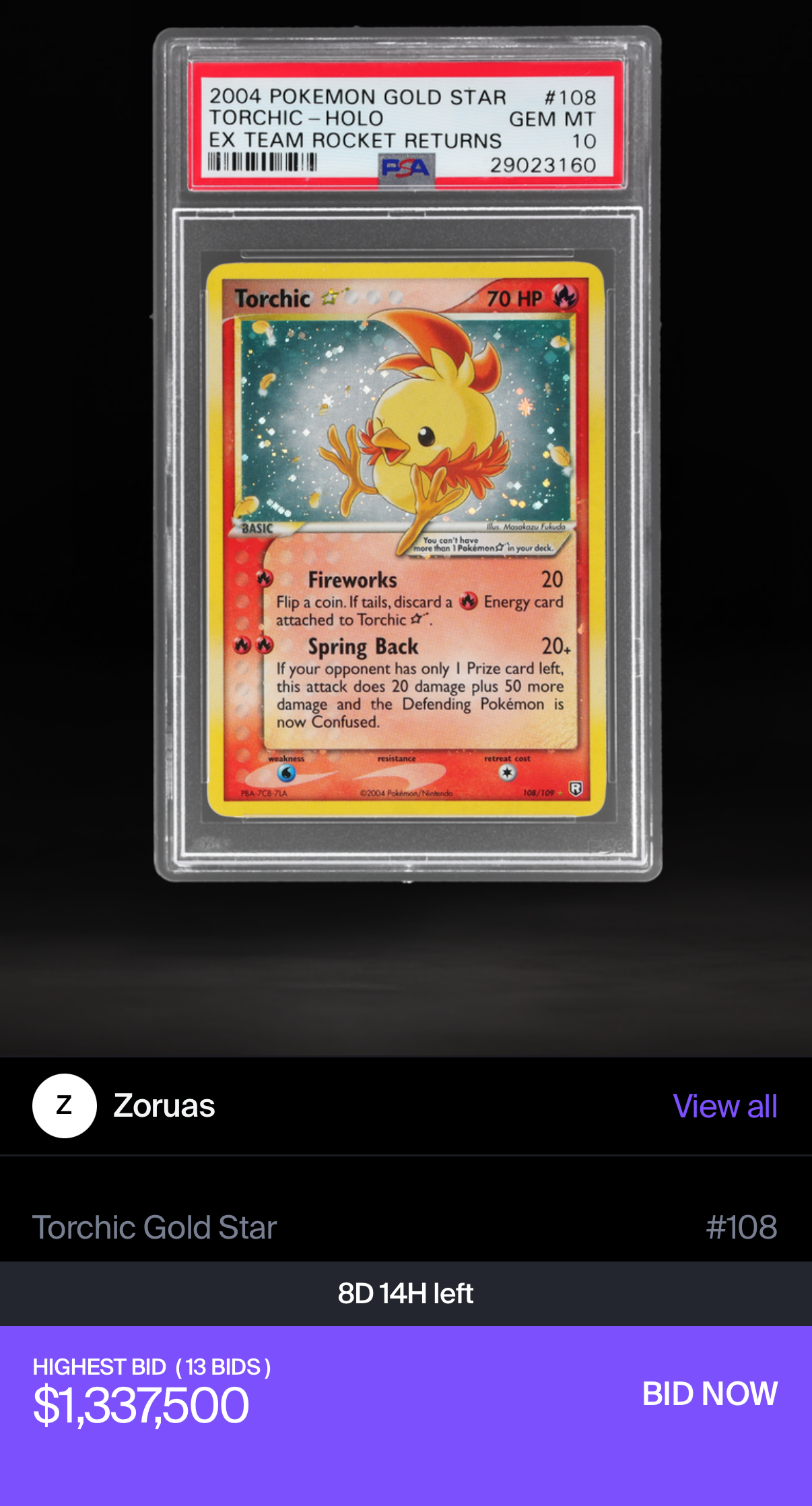 A PSA 10 graded Torchic Star card from 2004, that is currently up for auction for $1.3M.