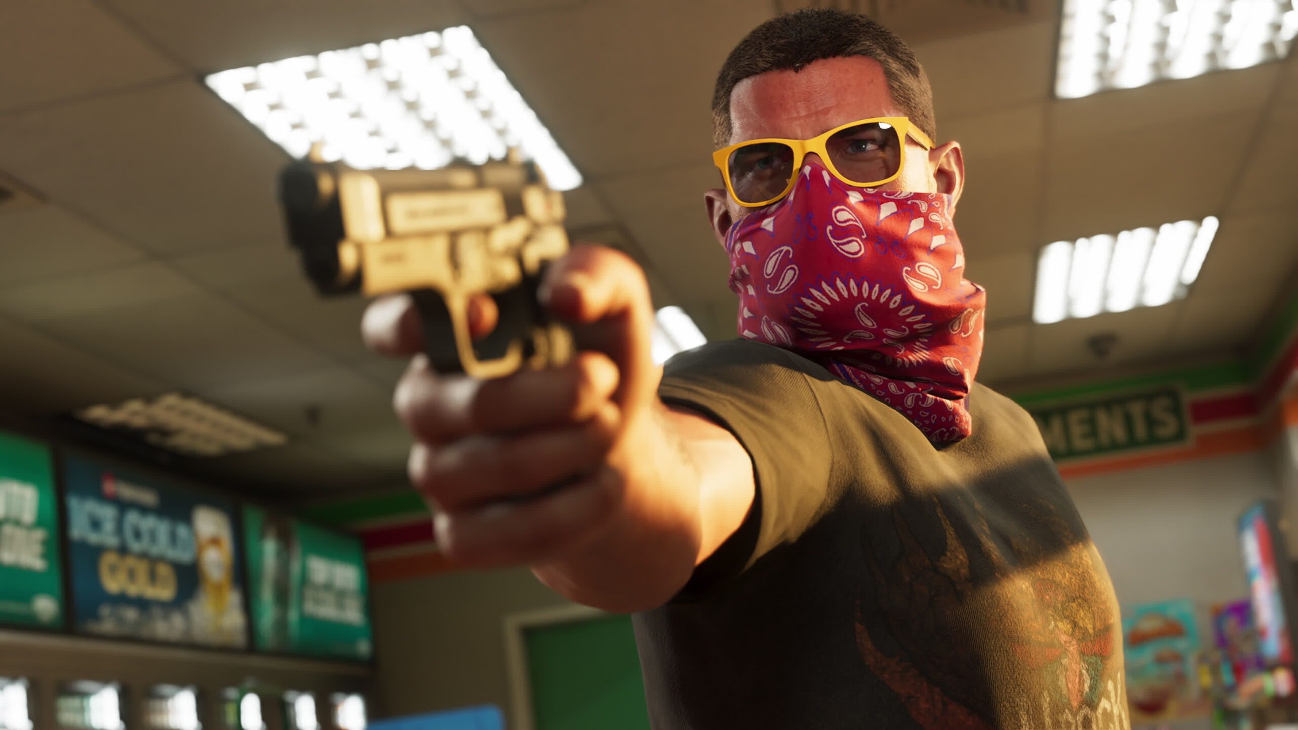 Jason Duval, one of two protagonists in GTA 6, robs an apparent gas station while a red bandana and yellow sunglasses cover his face. He points a gun toward the camera.