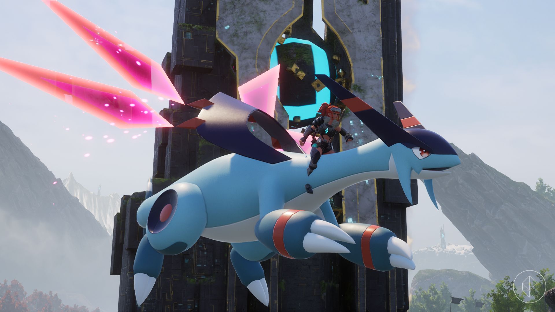 Playable character in Palworld riding the legendary Jetragon Pal.