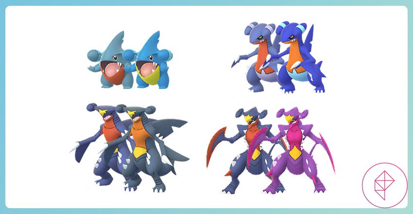 Gible, Gabite, Garchomp, and Mega Garchomp with their shiny forms in Pokémon Go