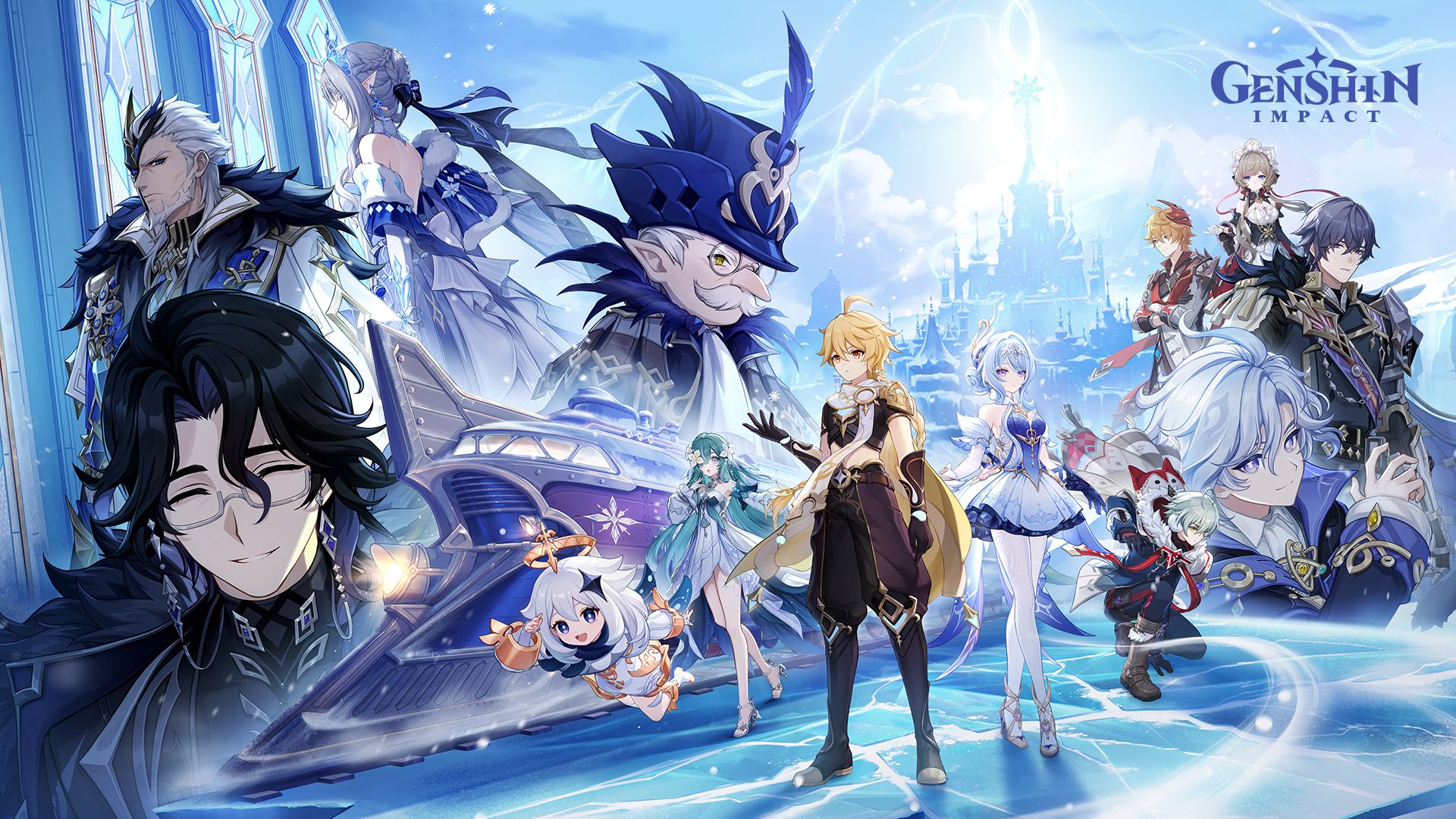 The male Traveler in Genshin Impact stands with several Snezhnaya characters behind him.