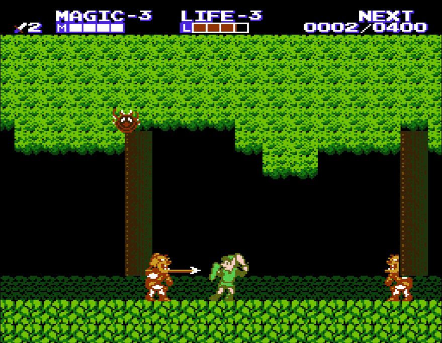 Link pulls back his sword to strike a spear-wielding Moblin in forest area from Zelda 2: The Adventure of Link