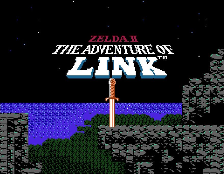 The title screen for Zelda 2: The Adventure of Link, featuring the title behind the Master Sword, which is embedded on a rocky cliff.