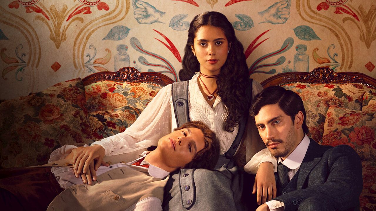 A woman and two men wearing period clothing in Lovesick