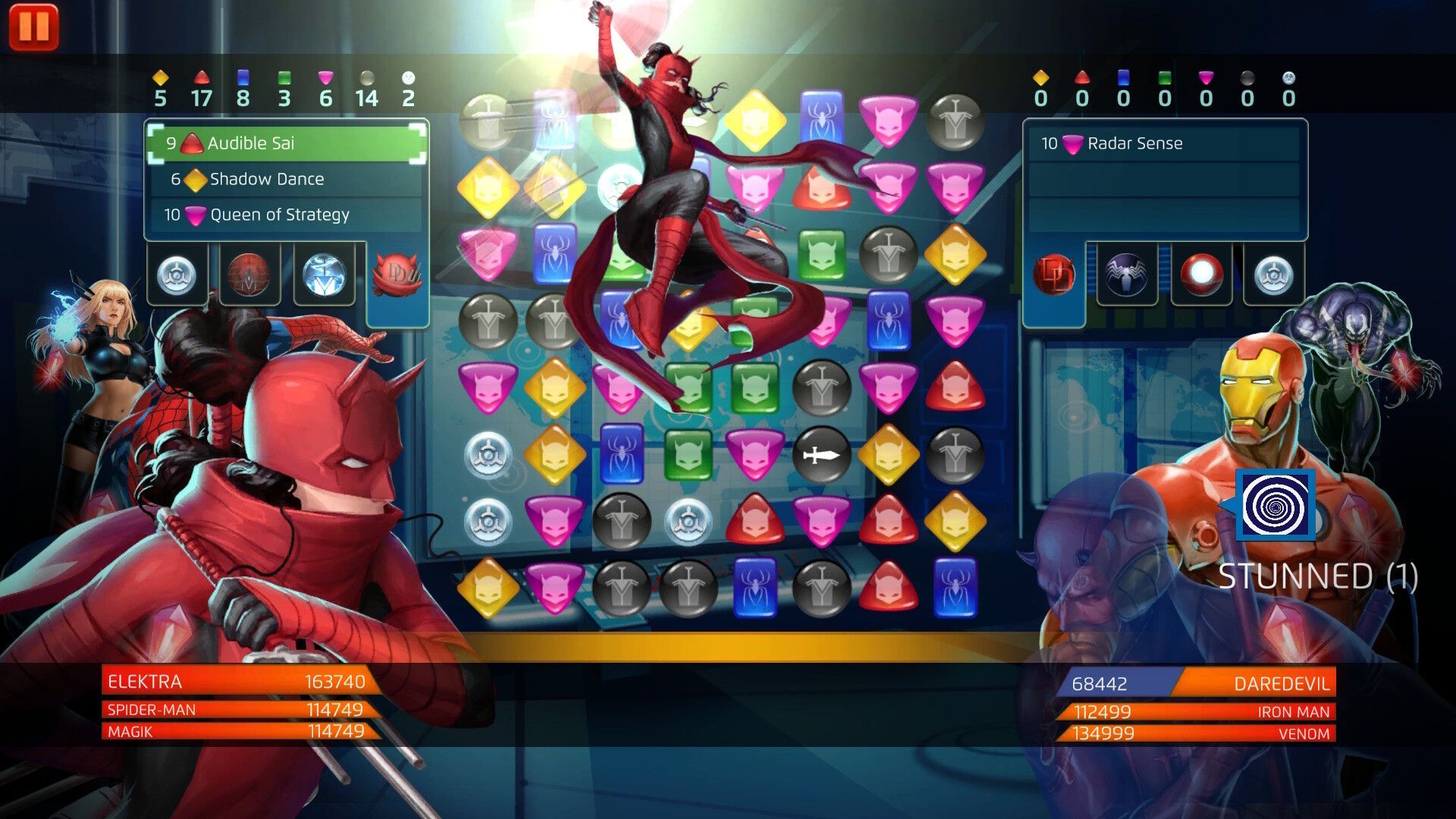 A screenshot of Marvel Puzzle Quest shows Dardevil and friends facing off against Iron Man and his allies.