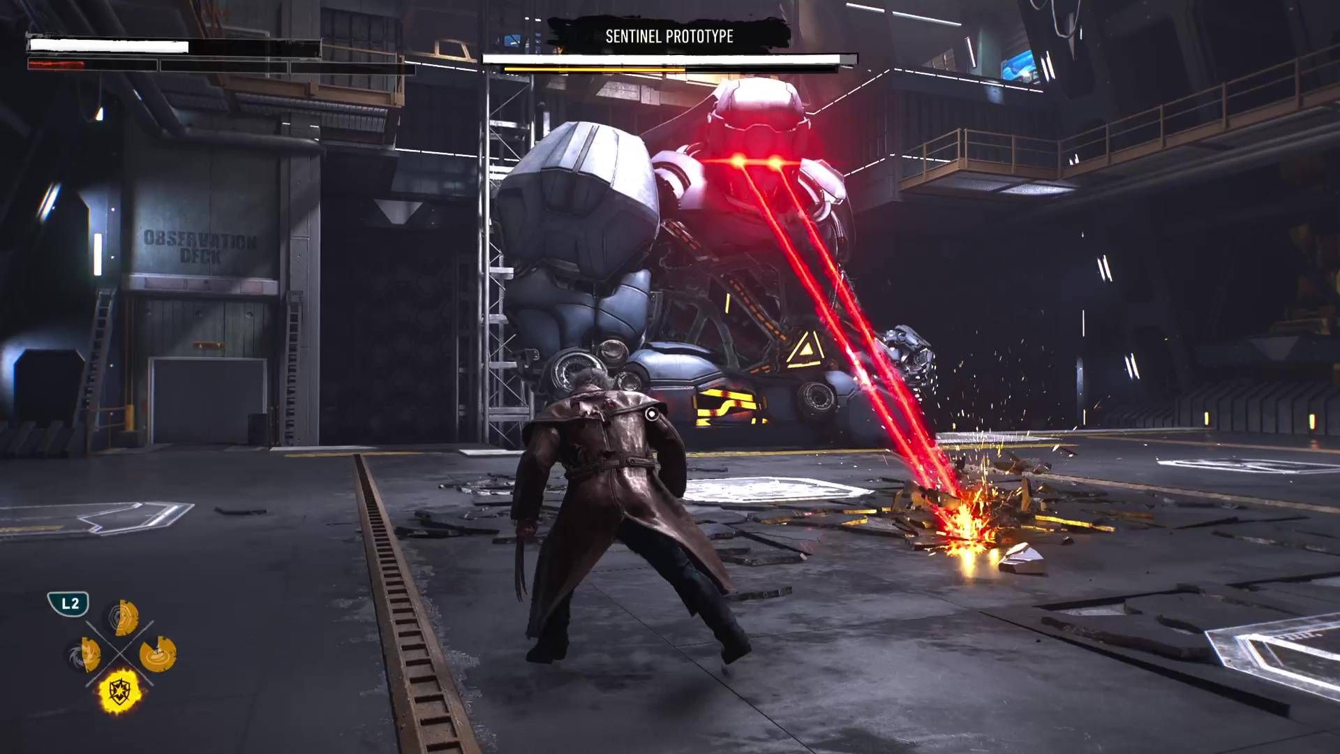 Logan fighting the Sentinel Prototype in Marvel's Wolverine.