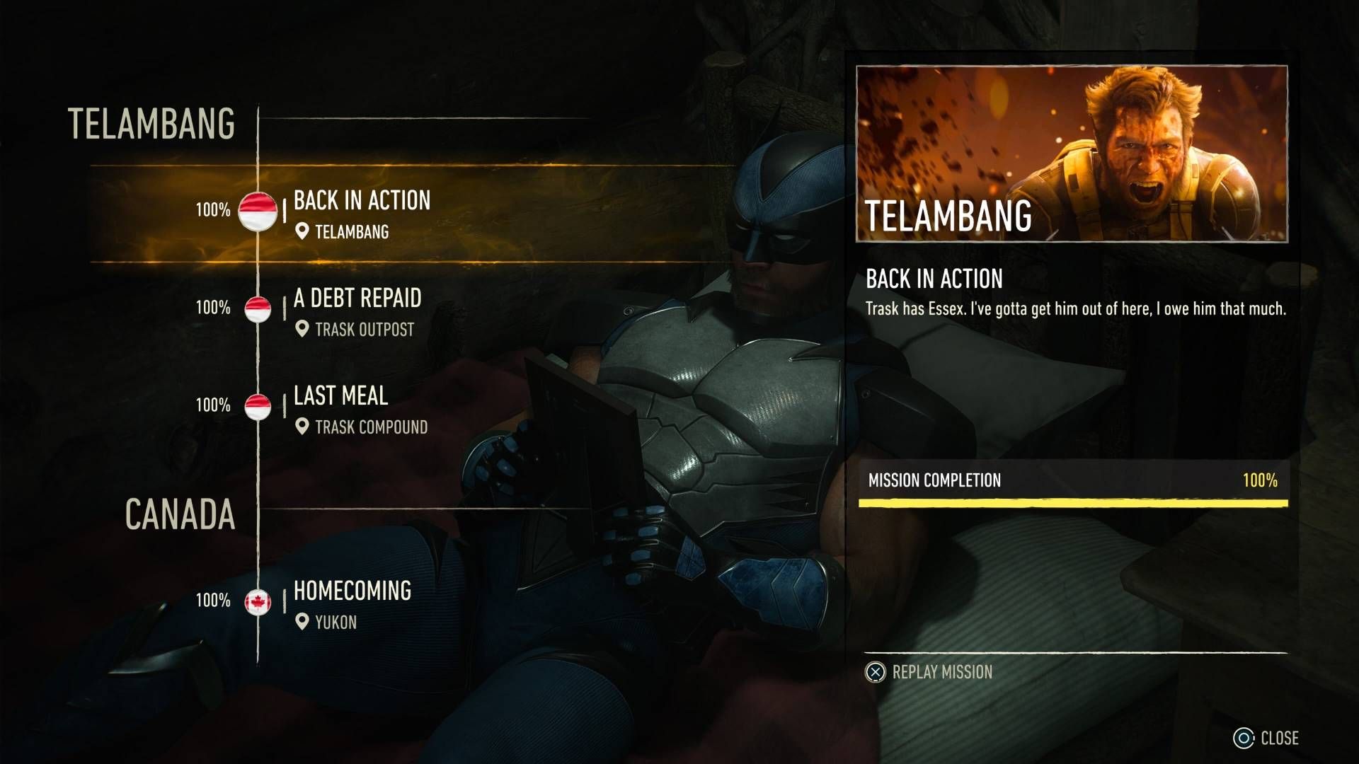 The mission select screen in Marvel's Wolverine.