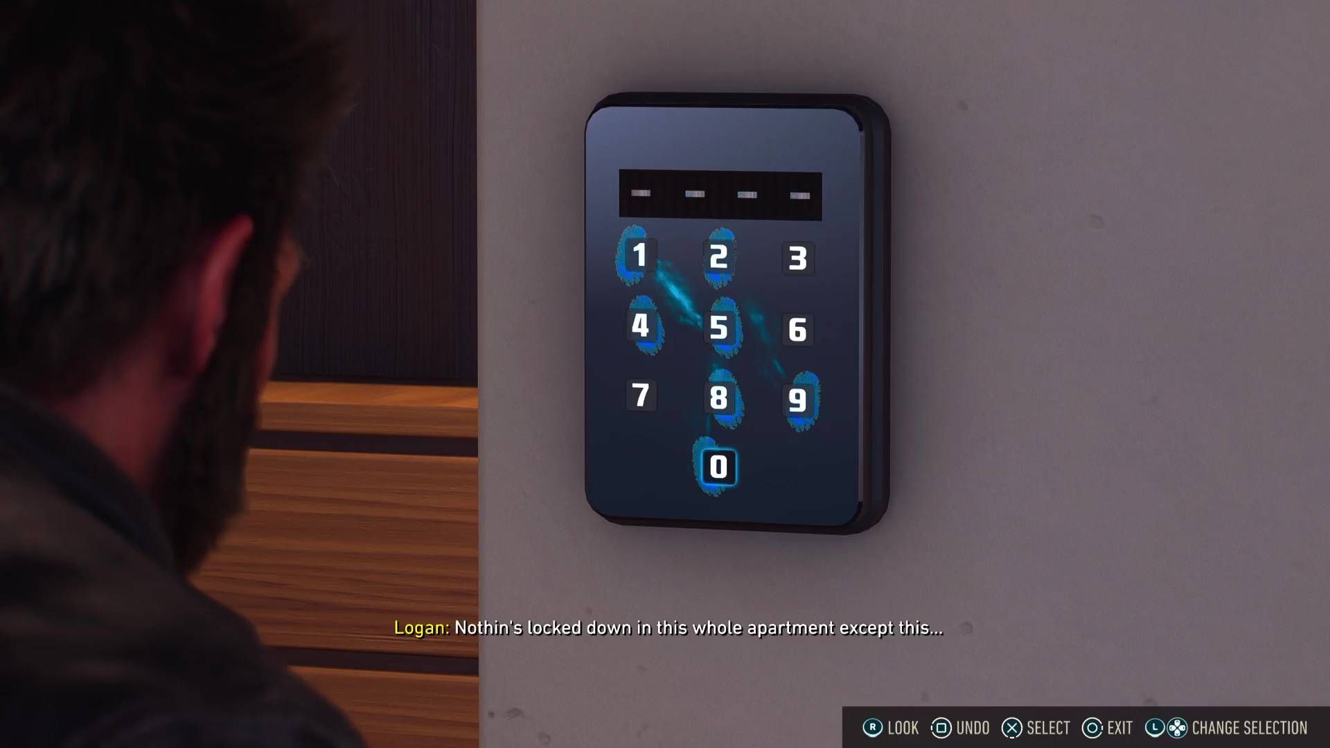 Logan looking at the keypad on Shiro's closet in Marvel's Wolverine.