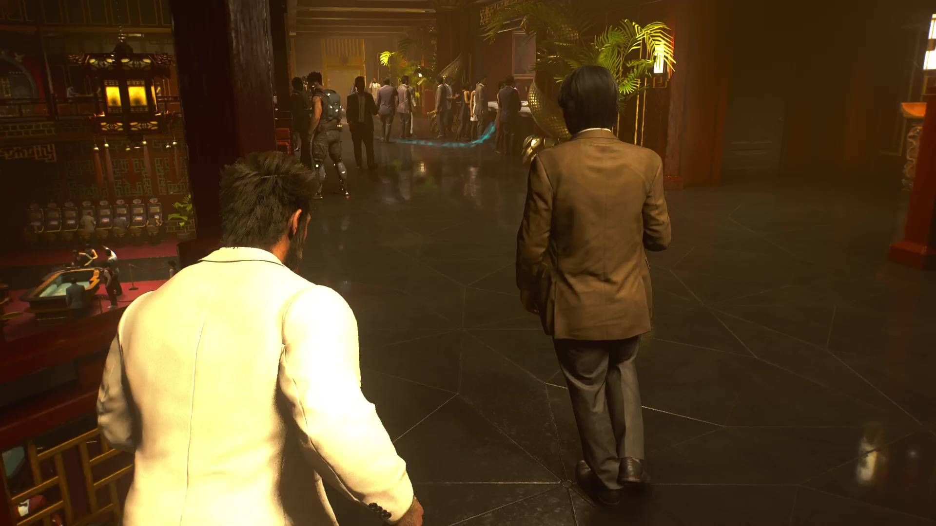 Logan walking around the upper platform in a casino in Marvel's Wolverine.