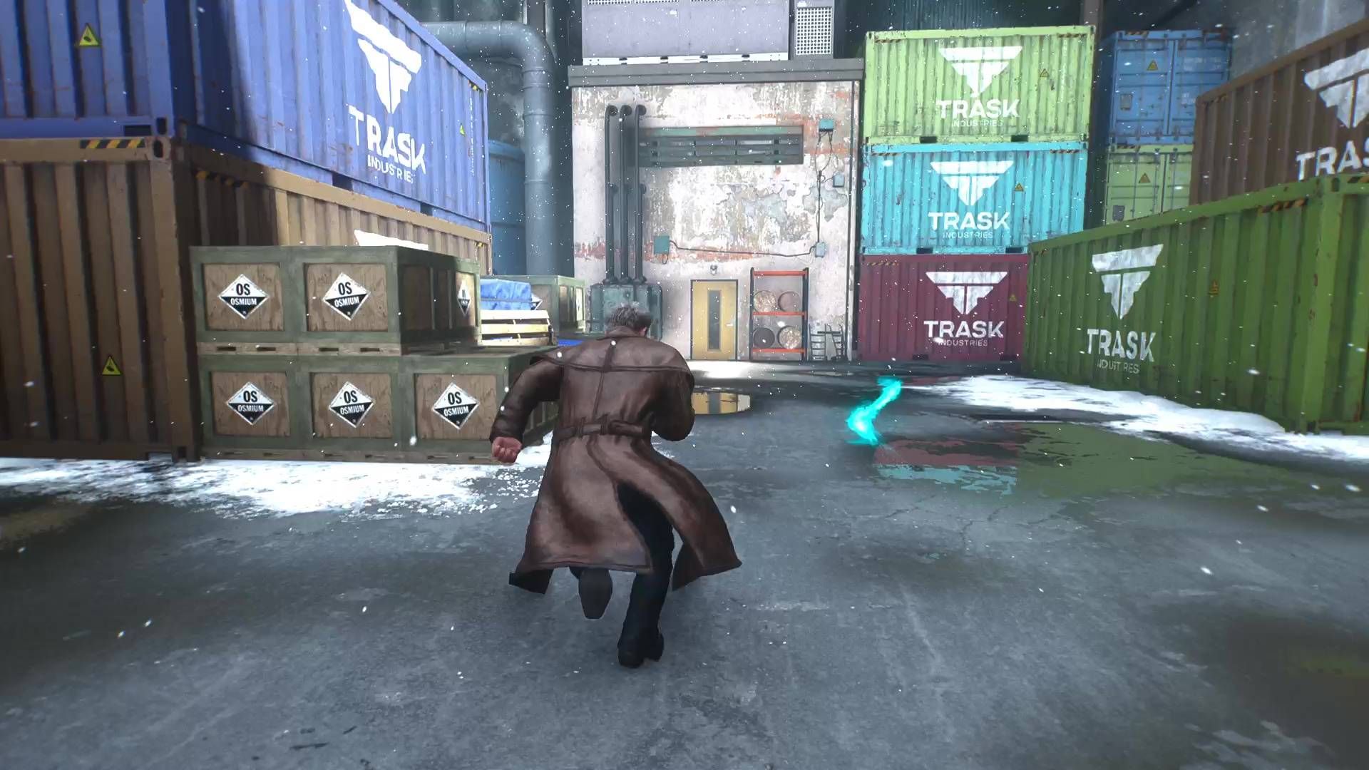 Logan running past some shipping containers in Marvel's Wolverine.
