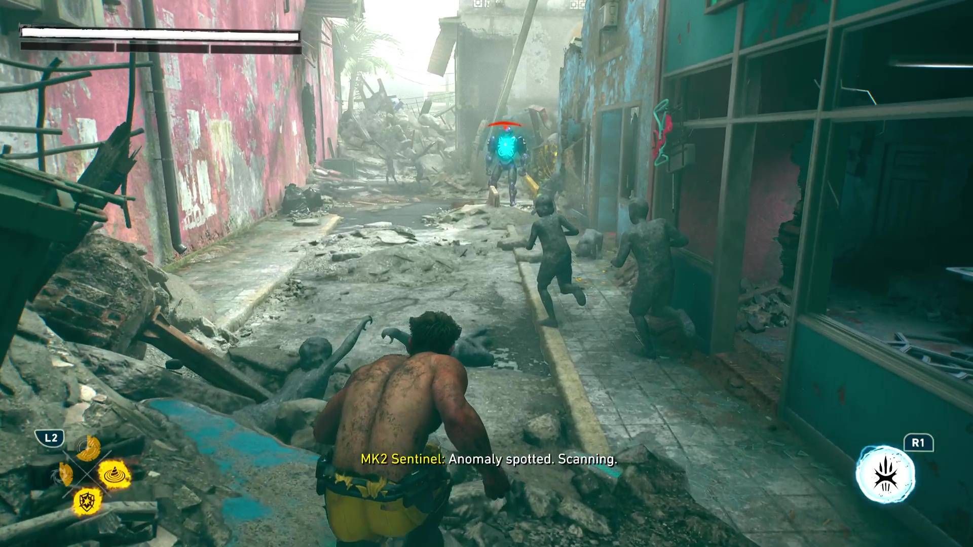 Logan looking at a Mk. 2 sentinel down the street in Marvel's Wolverine.