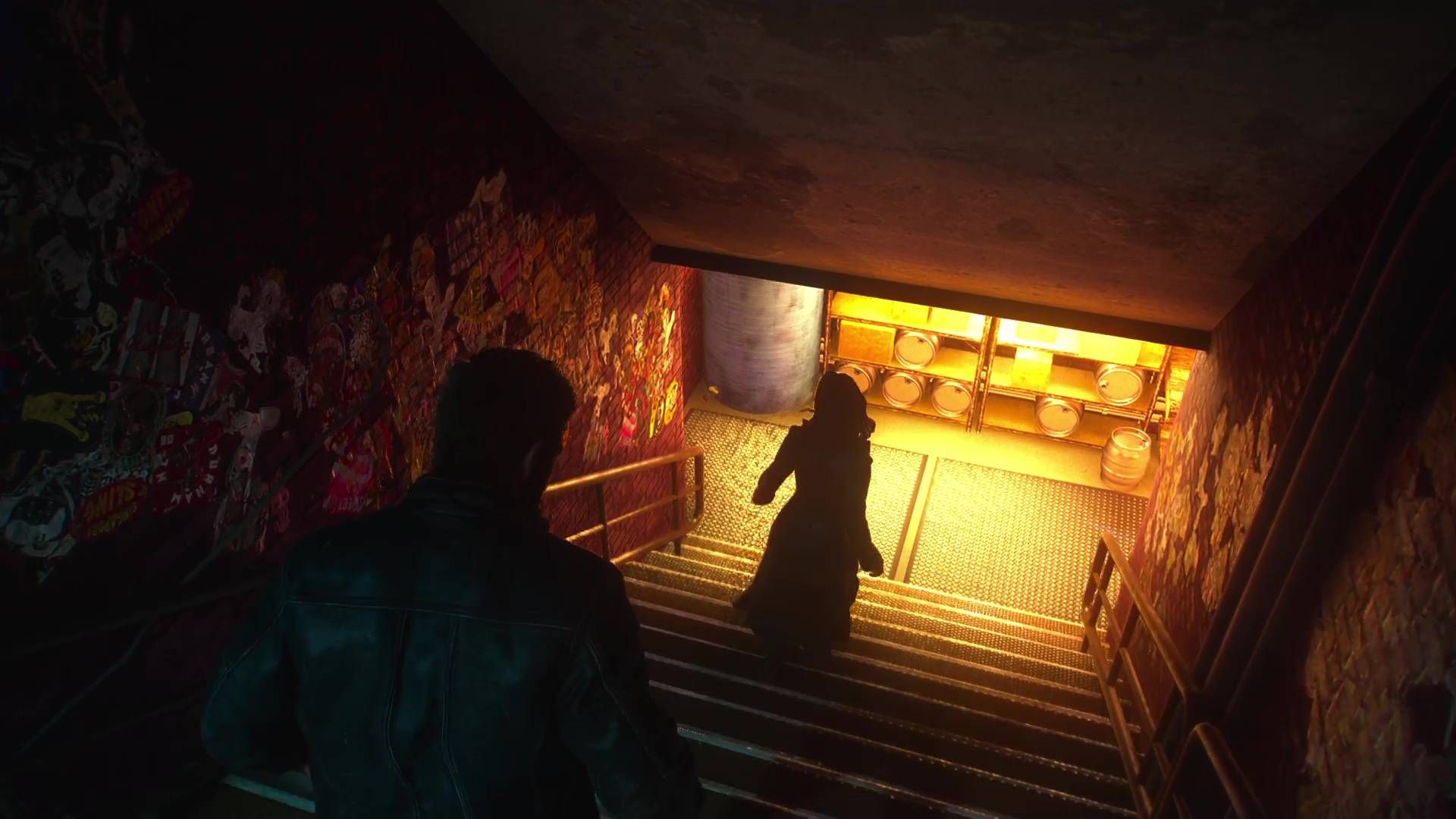 Logan following Jean Grey down some stairs in Marvel's Wolverine.
