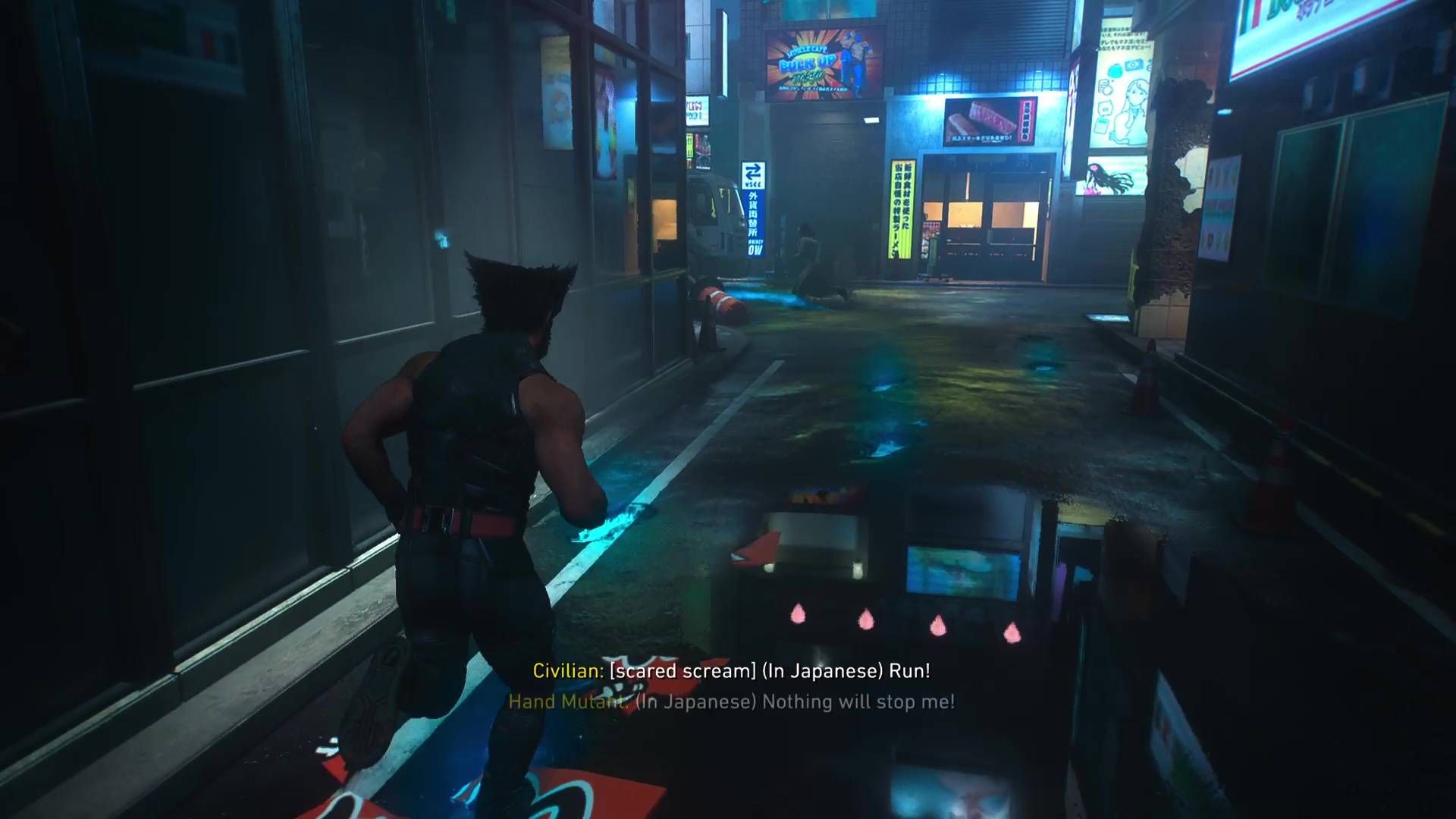 Logan running down an alleyway at night in Marvel's Wolverine.