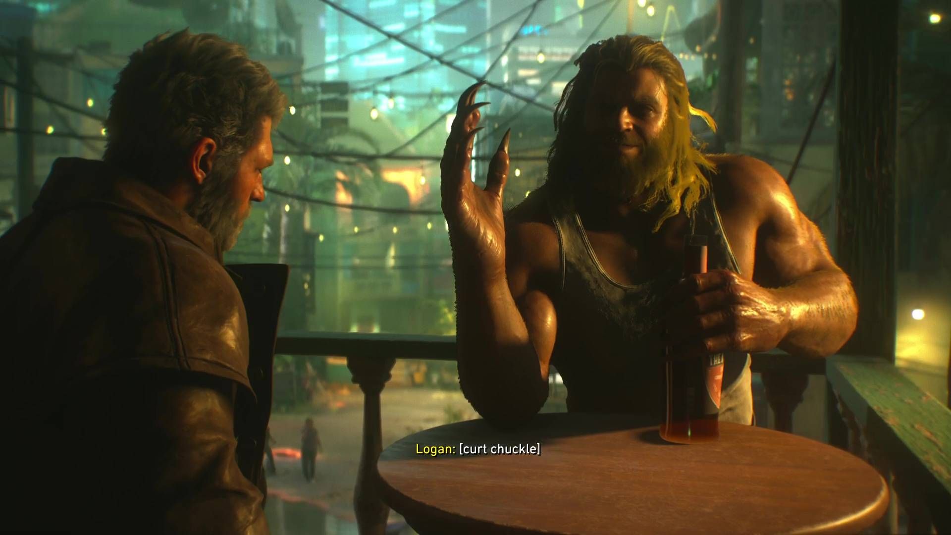 Sabretooth challenging Logan to an arm wrestle in Marvel's Wolverine.