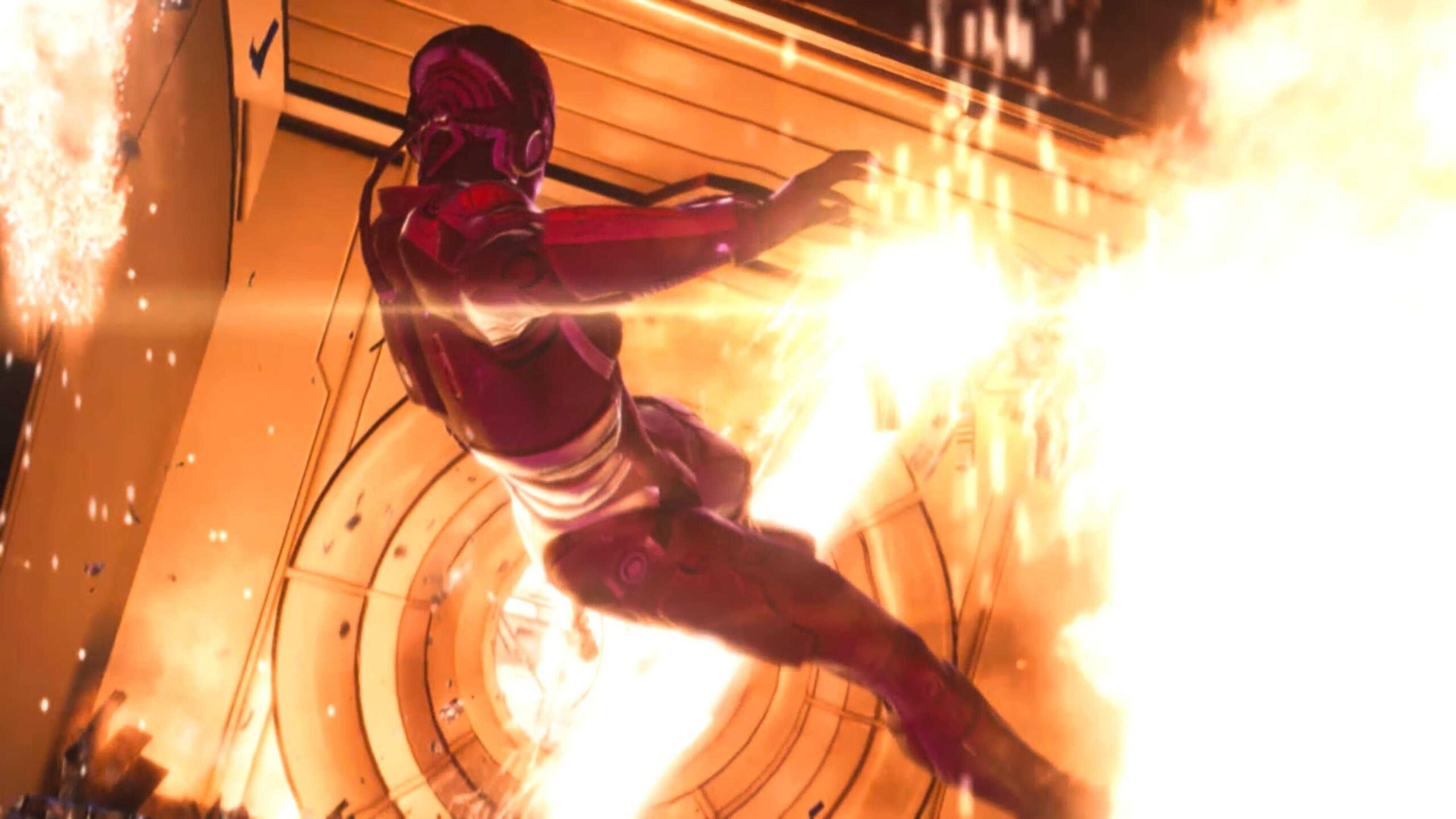 Mass Effect 2 Shepard floating in the destruction of the Normandy as it explodes around him