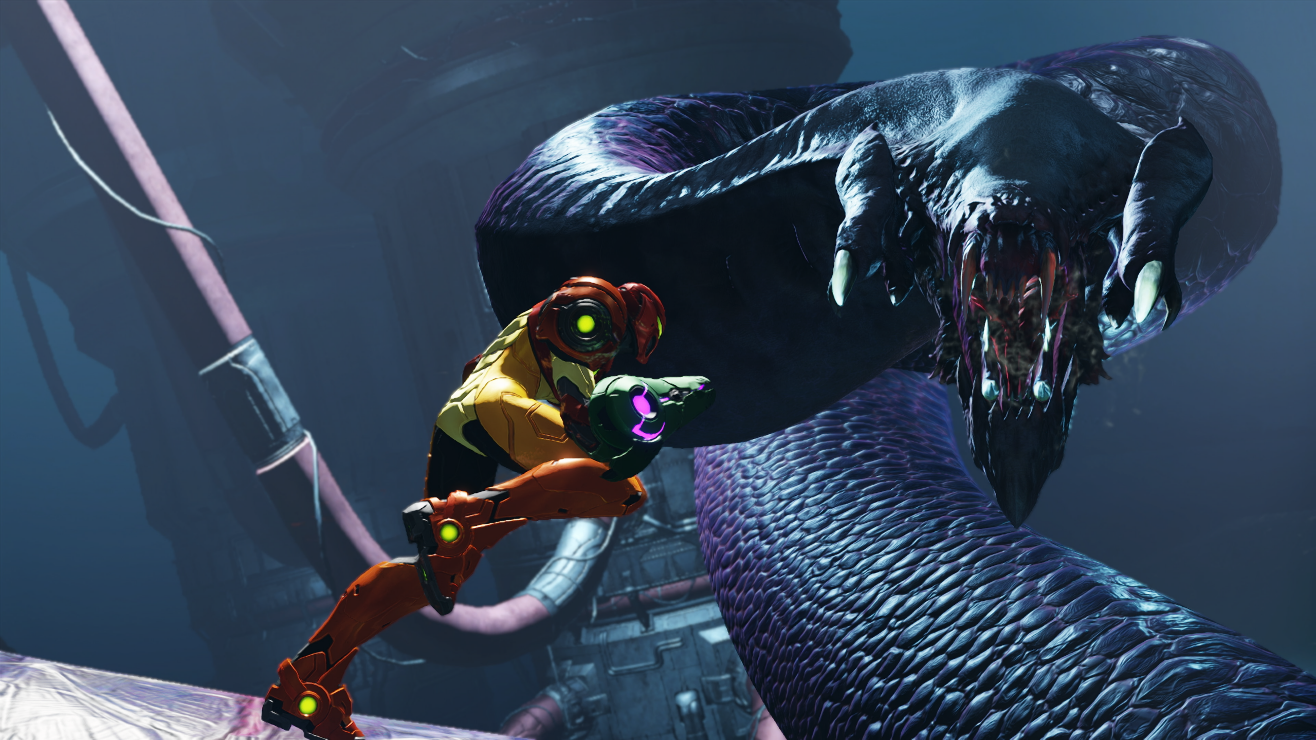 Samus faces off against a snake in Metroid Ravenous.