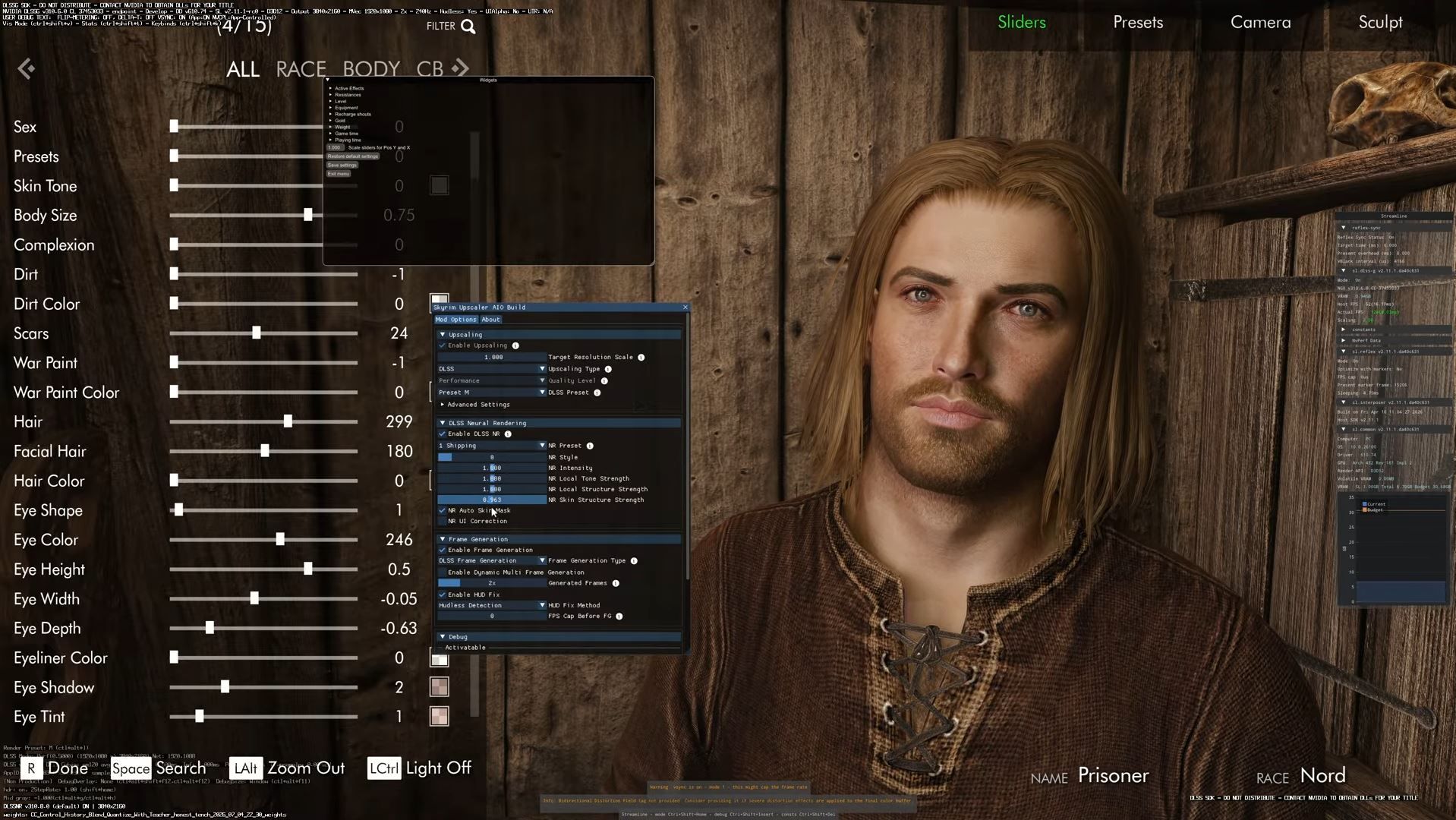 A Skyrim player customizes a blonde Nord with long hair.