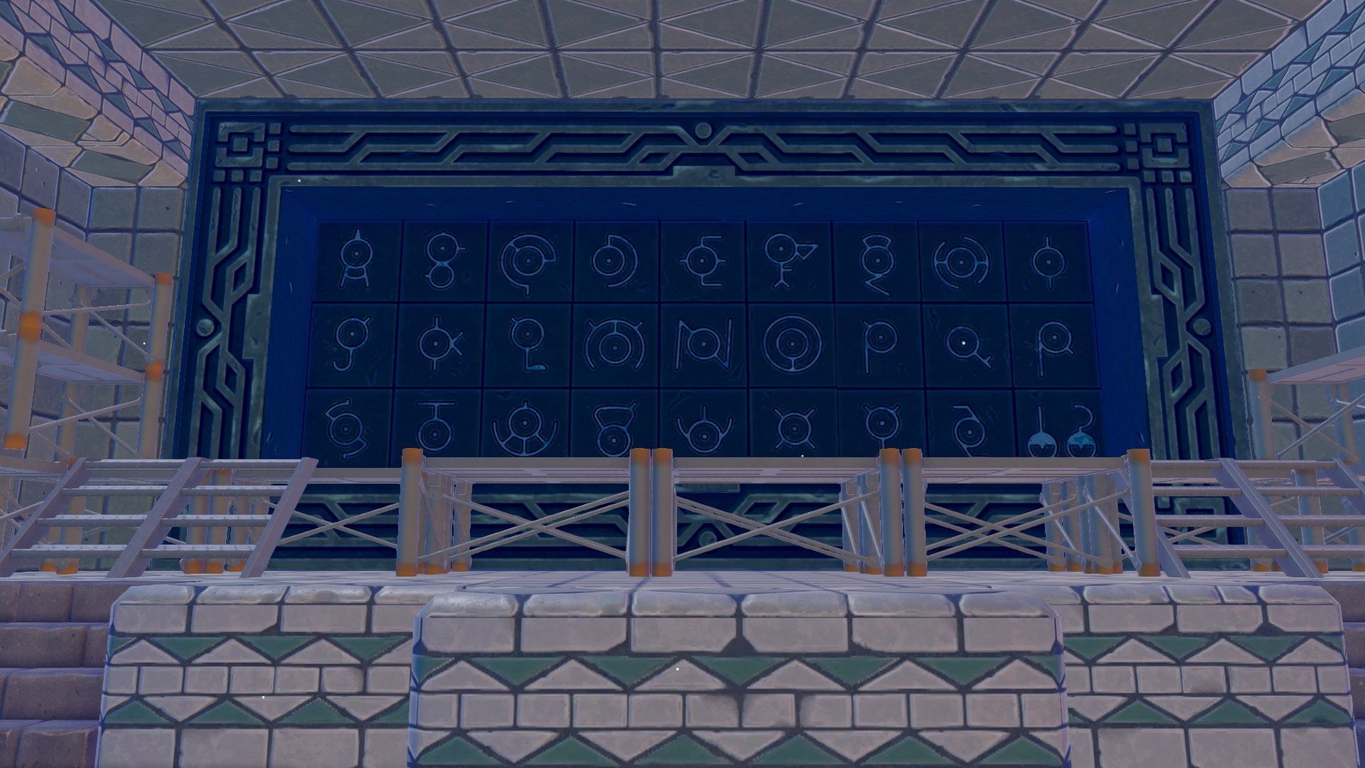 Unown symbols carved into the wall in ruins in Pokopia