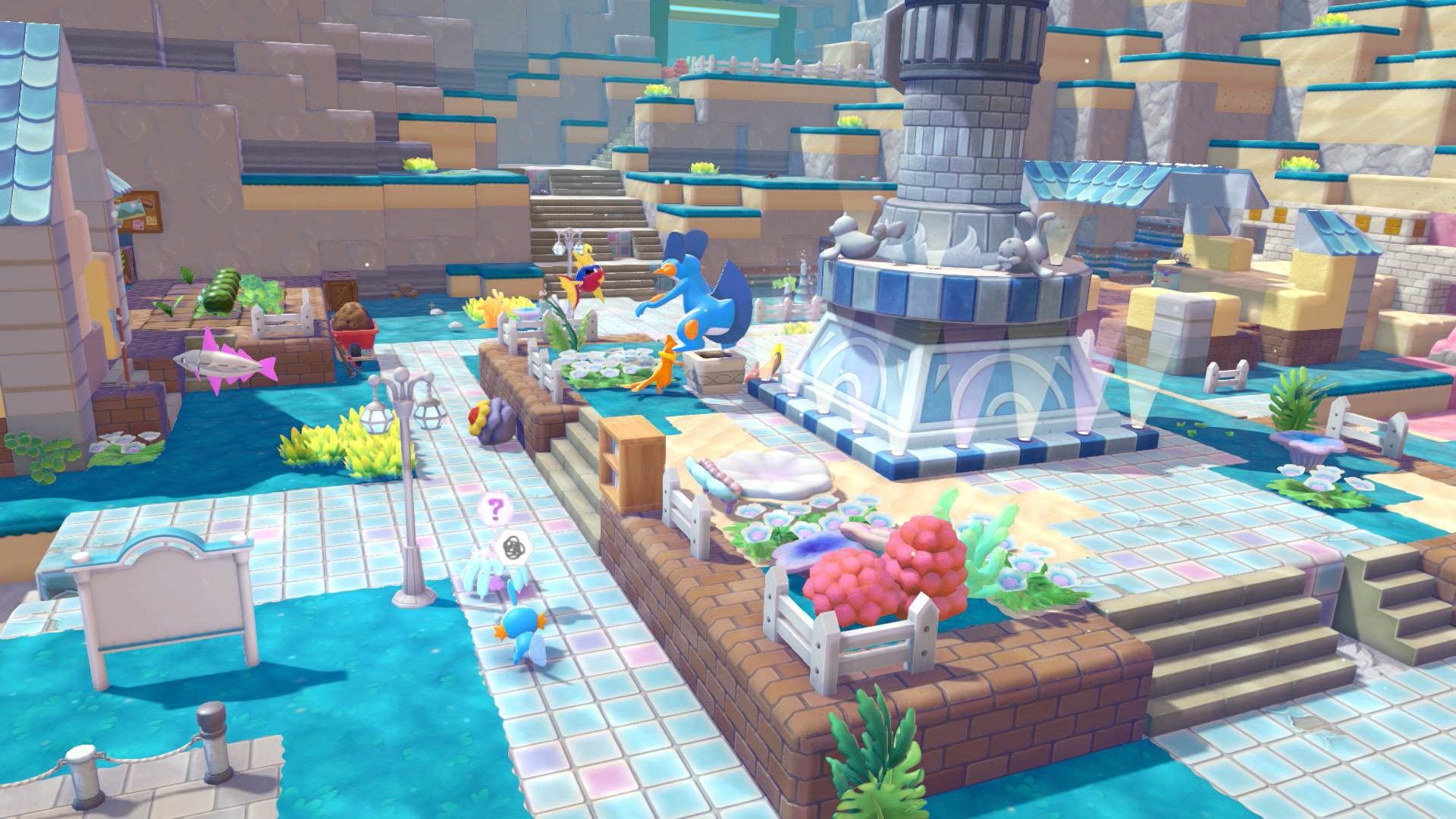 A part of the main area of Bubbly Basin in Pokopia, showing several Pokémon engage with each other around a center tower