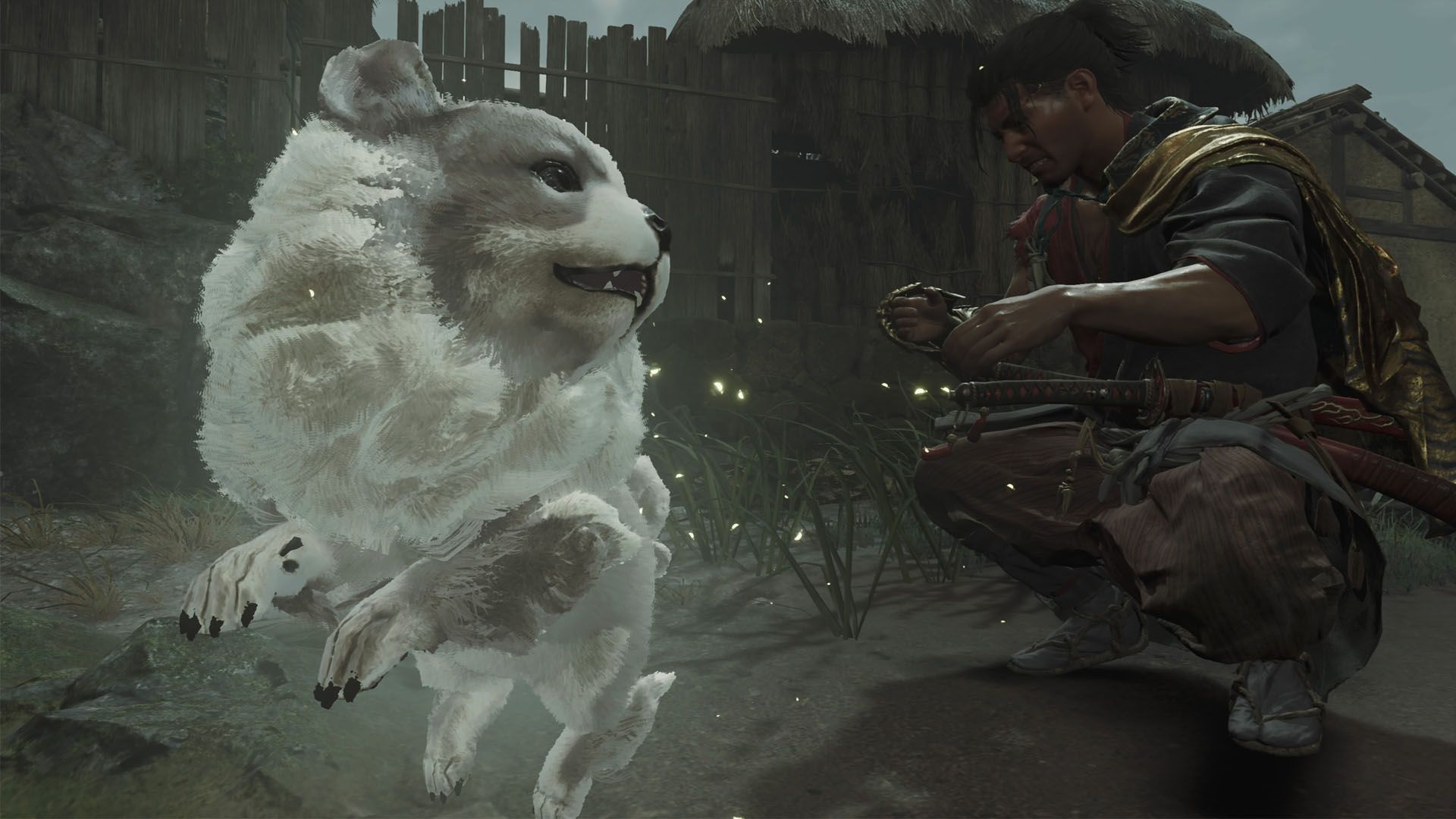 A Onimusha: Way of the Sword screenshot showing Musashi near a Lion Dog