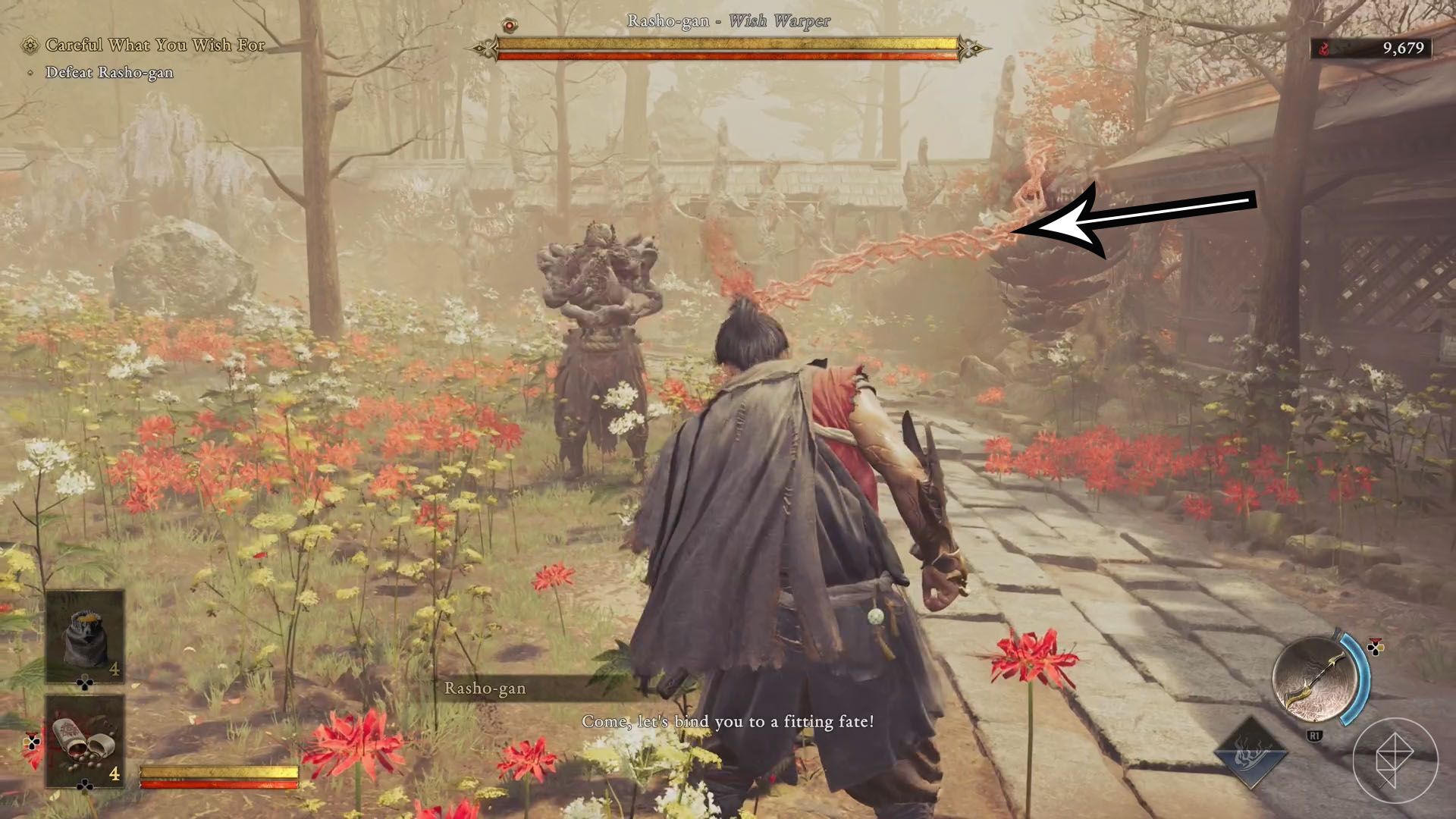 A Onimusha: Way of the Sword screenshot showing Musashi fighting Rasho-Gan