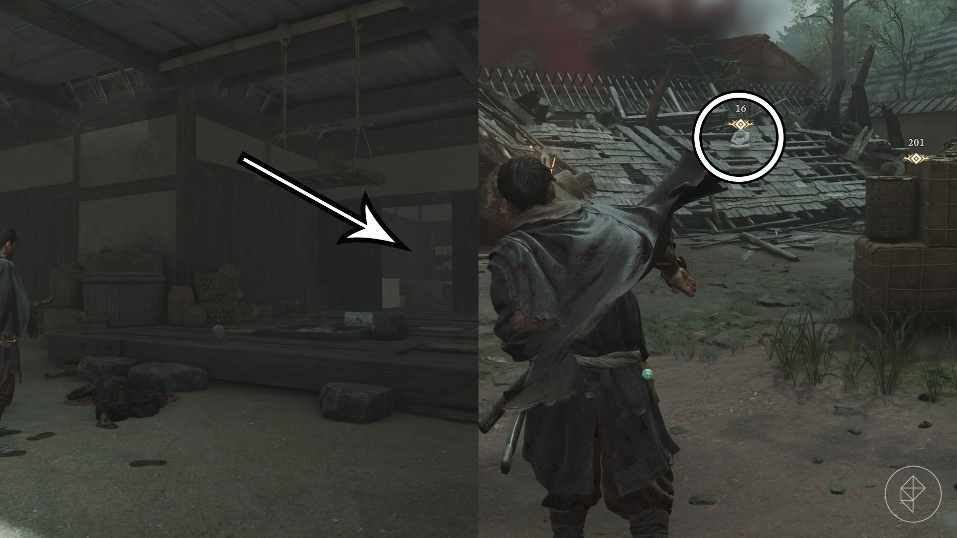 A montage using two Onimusha: Way of the Sword screenshots showing where you must go to find the Sout Pillars
