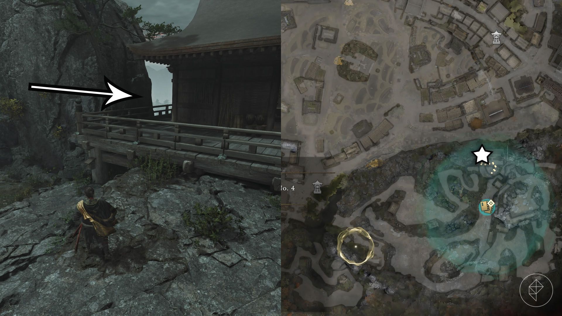 A montage using two Onimusha: Way of the Sword screenshots showing where to find a hidden treasure