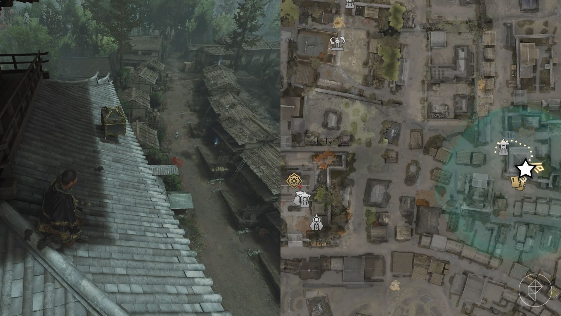 A montage using two Onimusha: Way of the Sword screenshots showing where to find a hidden treasure