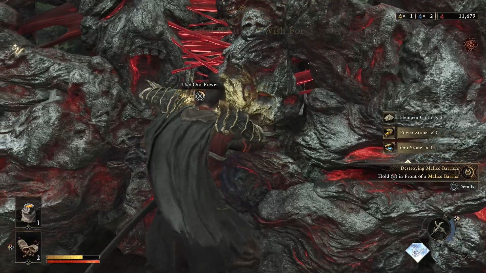A Onimusha: Way of the Sword screenshot showing Musashi in front of a malice barrier