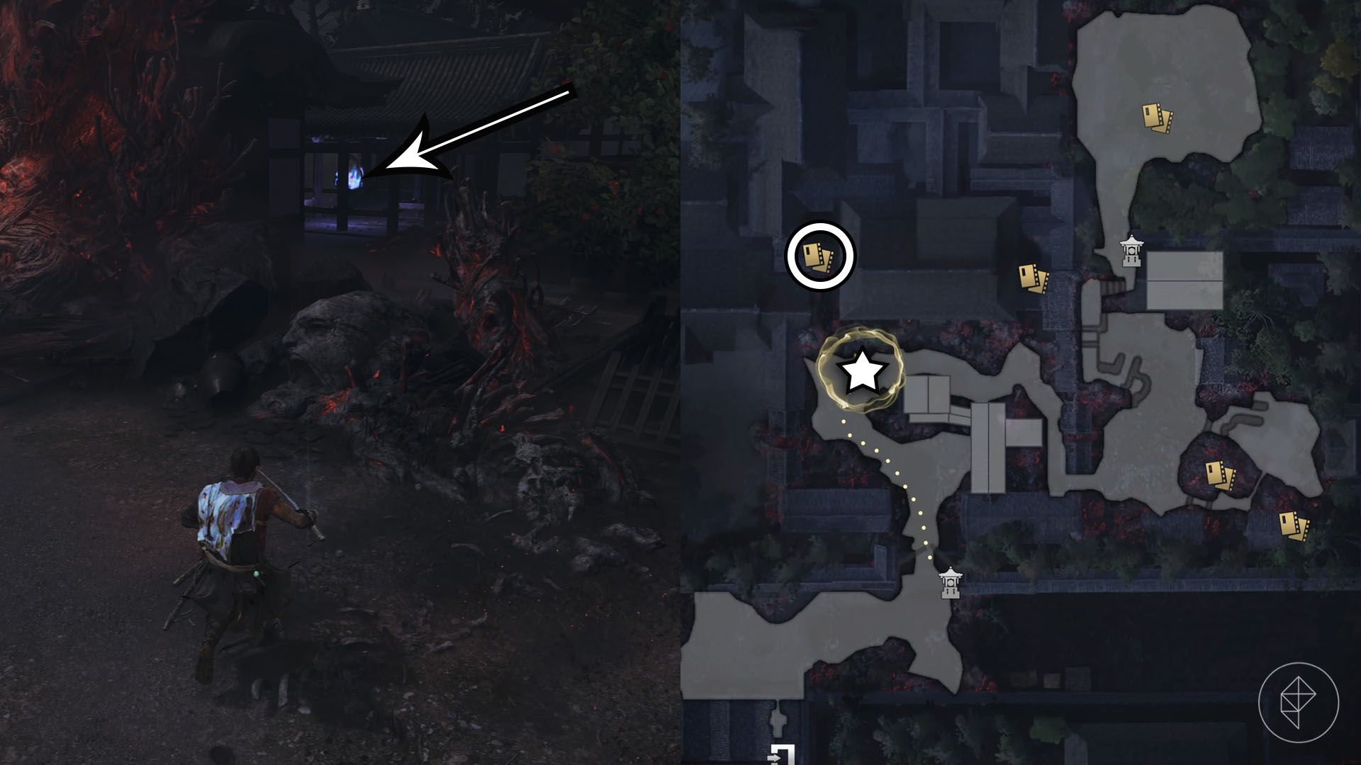 A montage using two Onimusha: Way of the Sword screenshots showing where to find a Kubi Akari
