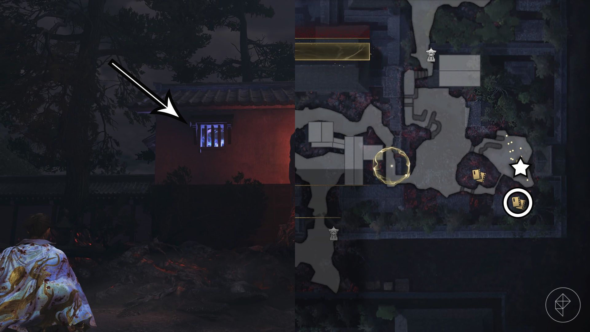 A montage using two Onimusha: Way of the Sword screenshots showing where to find a Kubi Akari