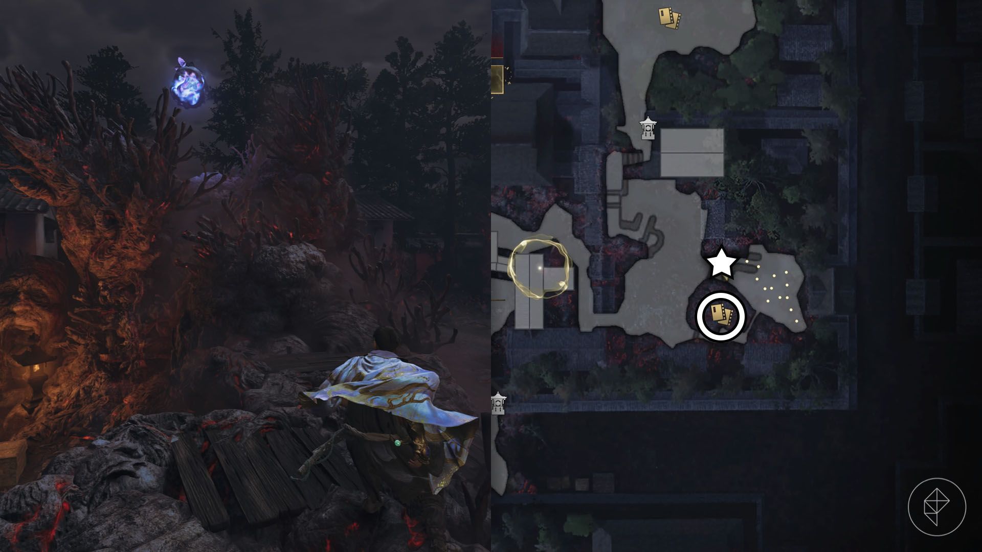 A montage using two Onimusha: Way of the Sword screenshots showing where to find a Kubi Akari