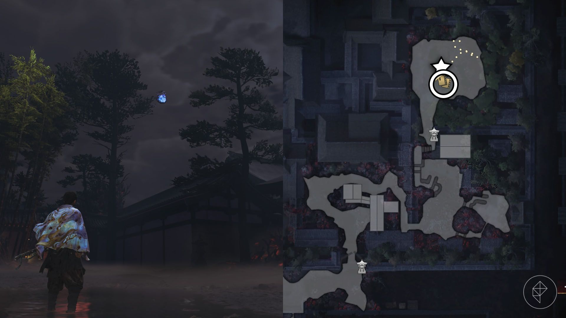 A montage using two Onimusha: Way of the Sword screenshots showing where to find a Kubi Akari