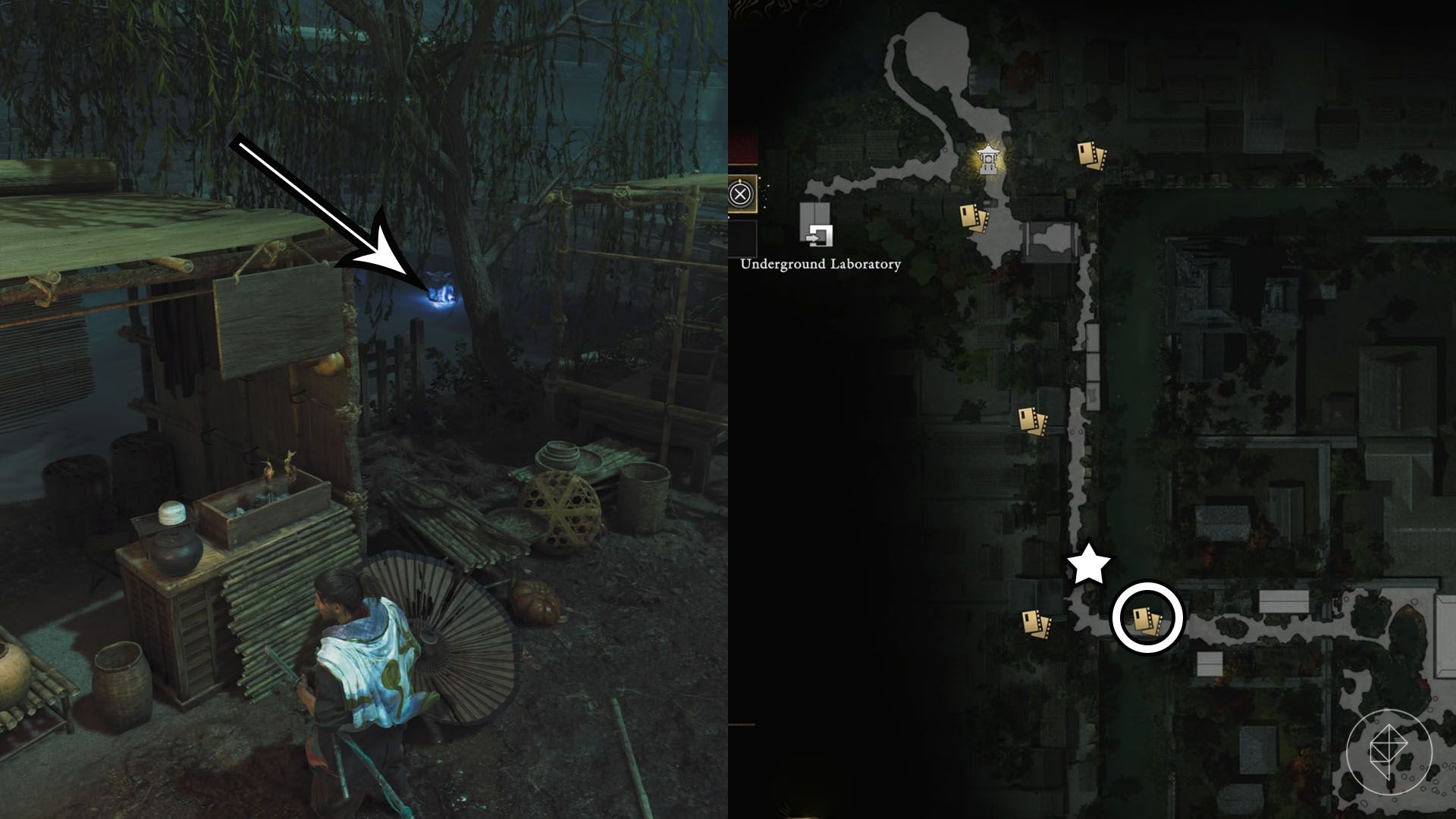 A montage using two Onimusha: Way of the Sword screenshots showing where to find a Kubi Akari