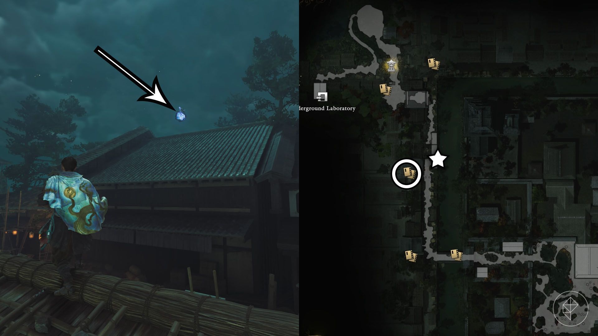 A montage using two Onimusha: Way of the Sword screenshots showing where to find a Kubi Akari