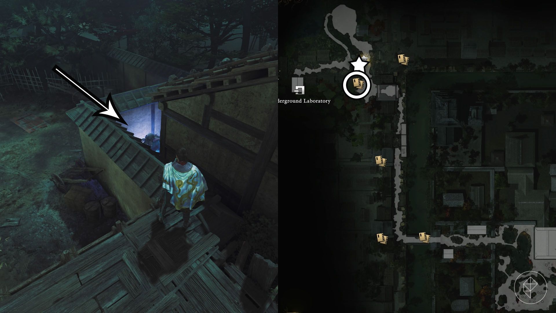 A montage using two Onimusha: Way of the Sword screenshots showing where to find a Kubi Akari