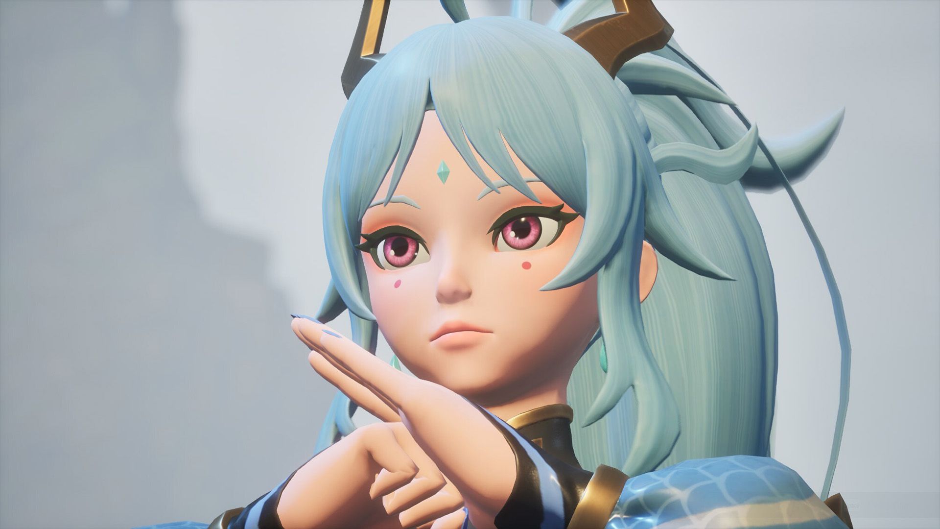 A blue-haired woman with pink eyes from Palworld.