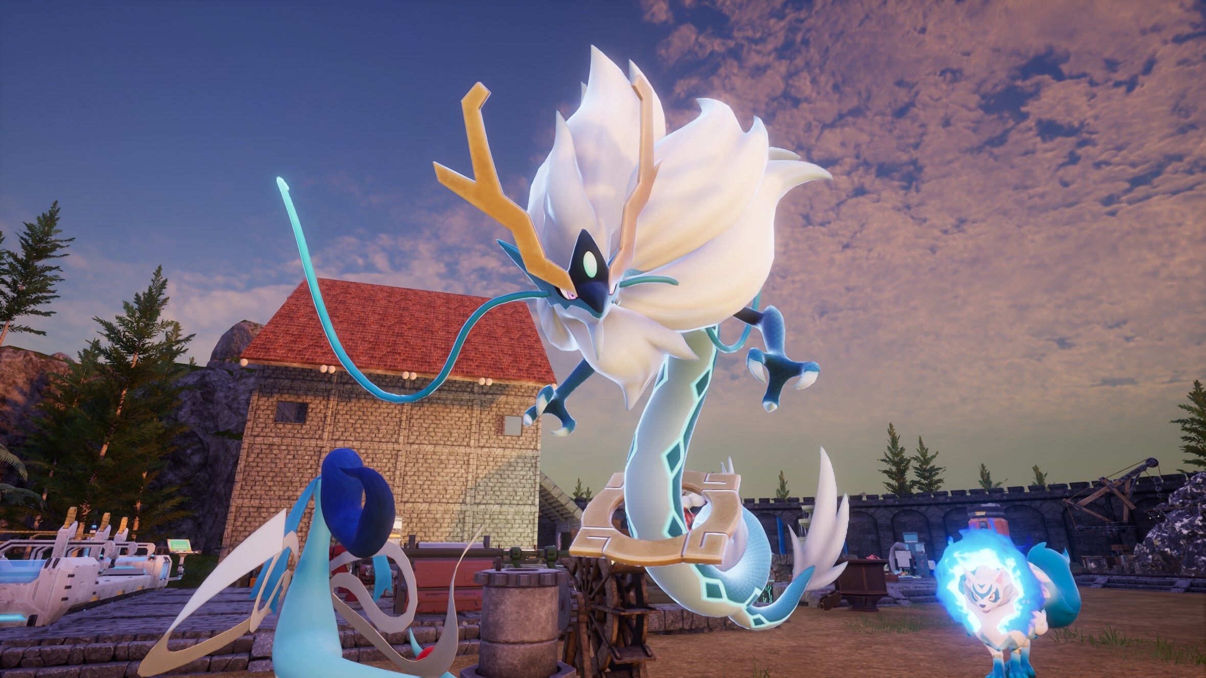 A dragon and a dog Pal on a base in Palworld.