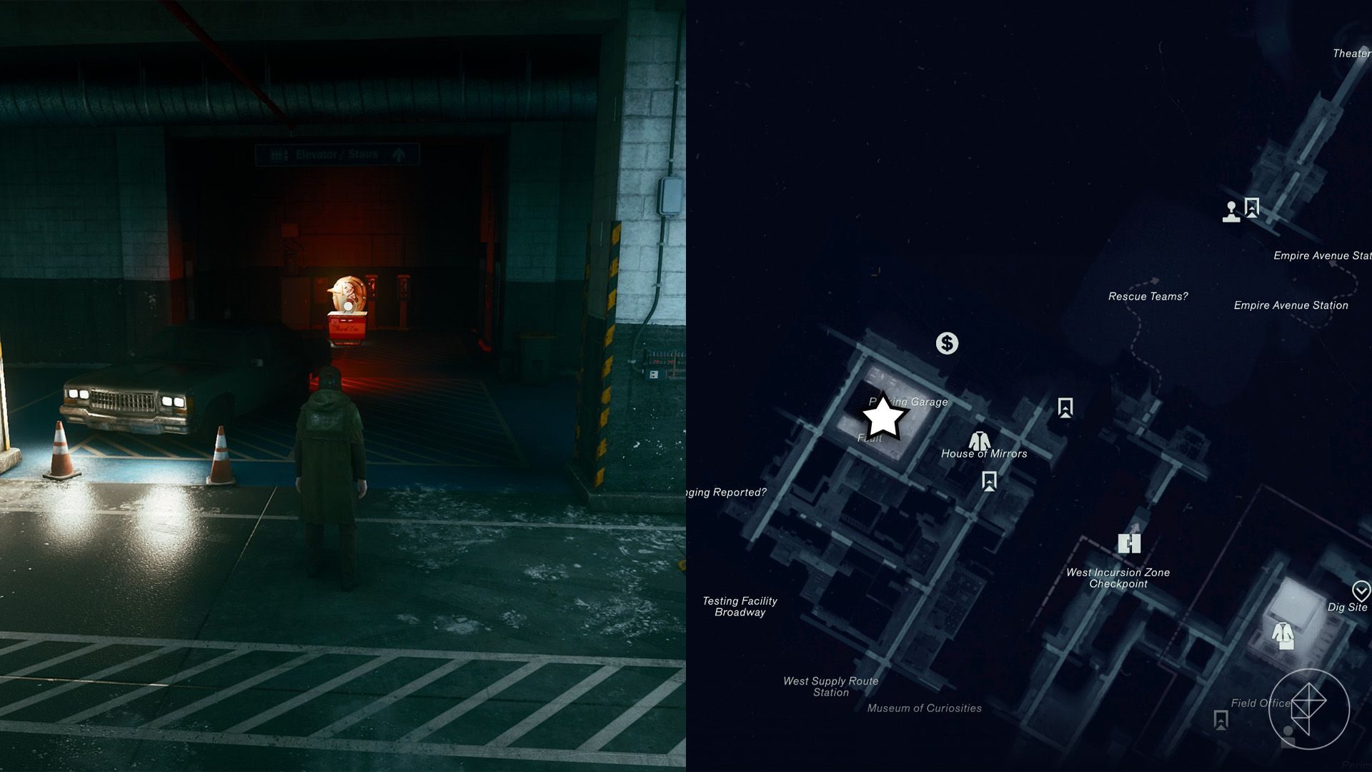Dylan standing in front of an ice cream stand in a parking garage in Control Resonant.