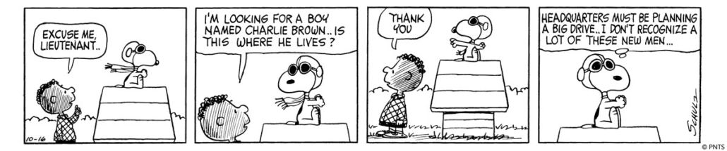 Franklin asks Snoopy for directions on where to find Charlie Brown