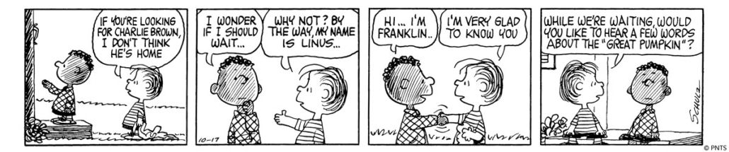 Linus tells Franklin about the Great Pumpkin in a Peanuts comic strip