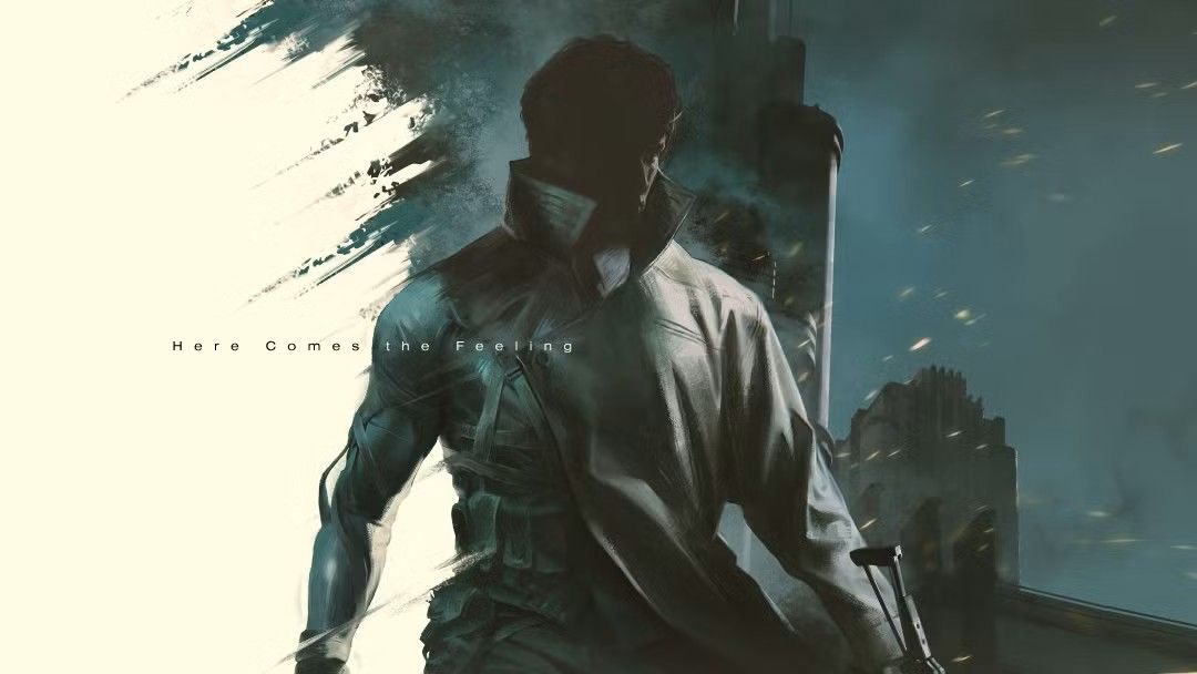A silhouetted man with collar turned up and text that reads 'Here comes the feeling'