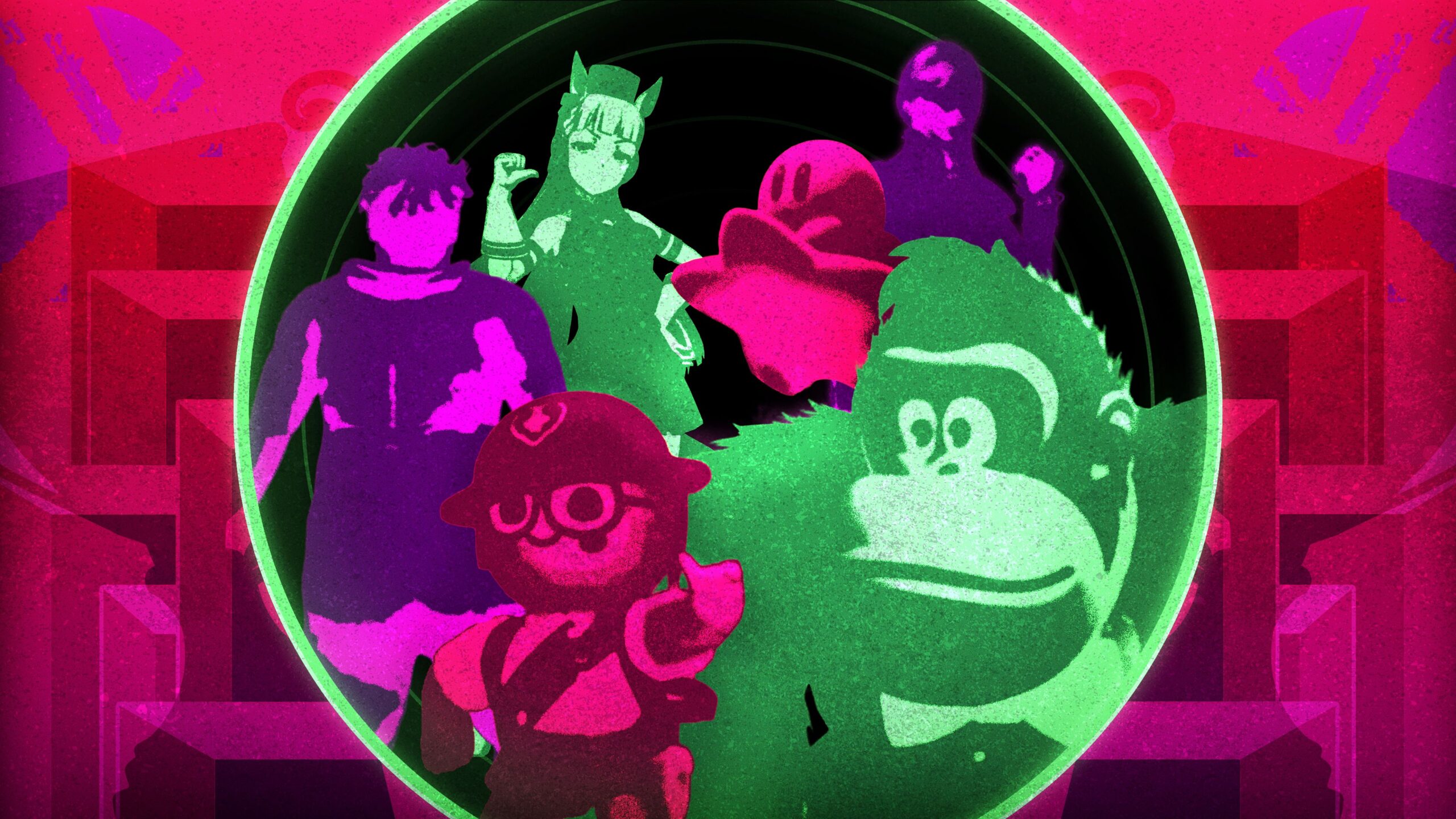 Donkey Kong, Kirby, and more characters from the best games of 2025 against a pink gradient background