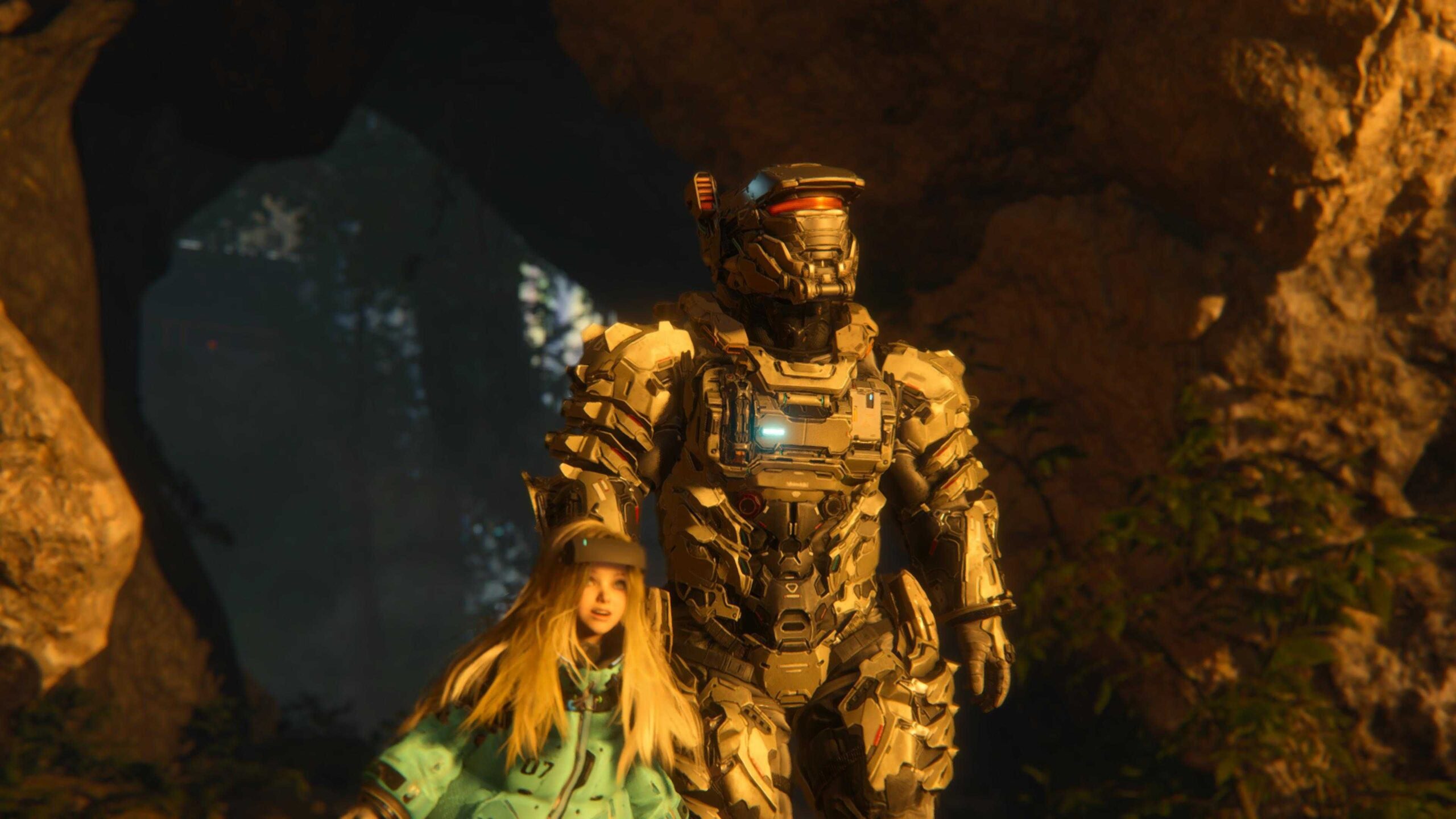 Astronaut Hughand android Diana arriving at a beach in a screenshot from Pragmata